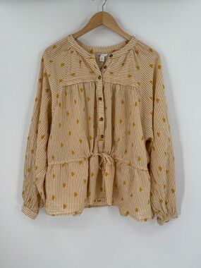 Cato Cotton Striped Button-Front Tie Waist Peplum Top | Mustard Clip Dot | XL